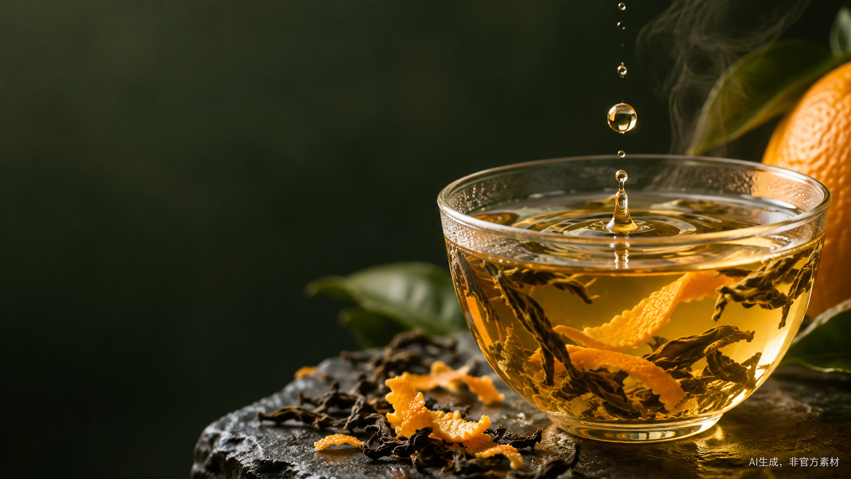 柑橘茶饮的 AI 微距概念视觉，非味欣企业实拍
